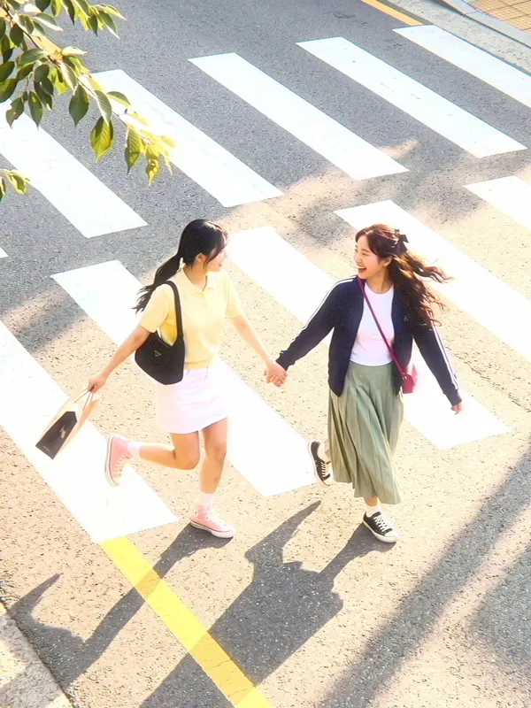 Two friends crossing the street from above, in warm summer color.