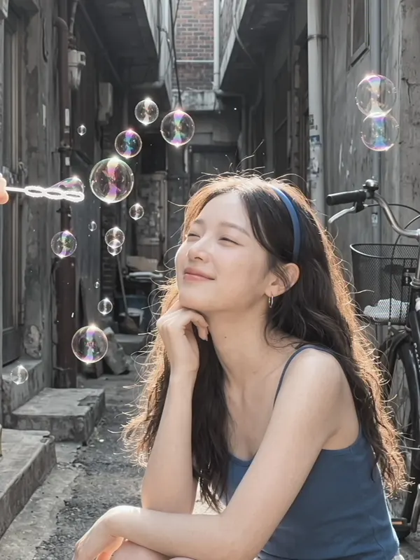 A girl smiling with her eyes closed in an alley full of soap bubbles.